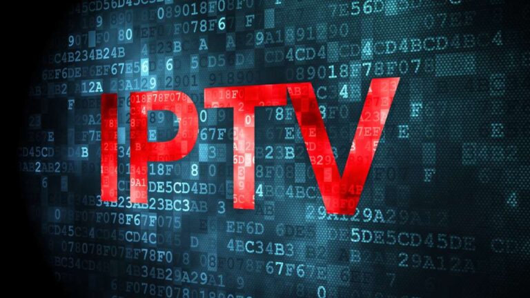 a red text IPTV on a blue background